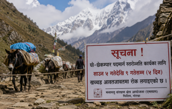 मनास्लु क्षेत्रमा घो–छेकम्पार पदमार्ग स्तरोन्नतिका लागि पाँच दिन खच्चड आवतजावतमा रोक